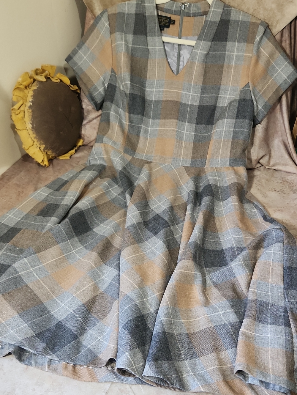 Pendleton Gray and Tan Plaid Fit & Flare Mini Dress 100% Virgin Wool